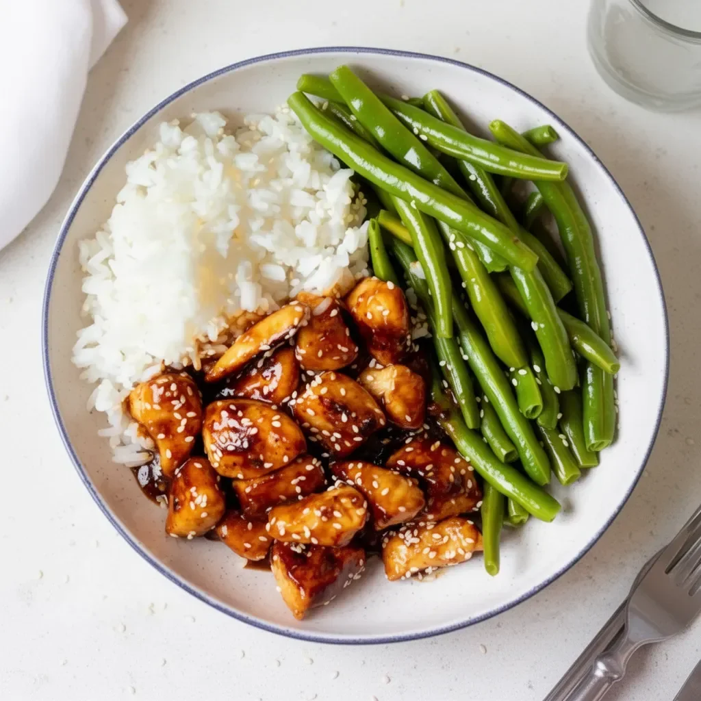 Delicious easy and healthy sesame chicken dish served with vegetables
