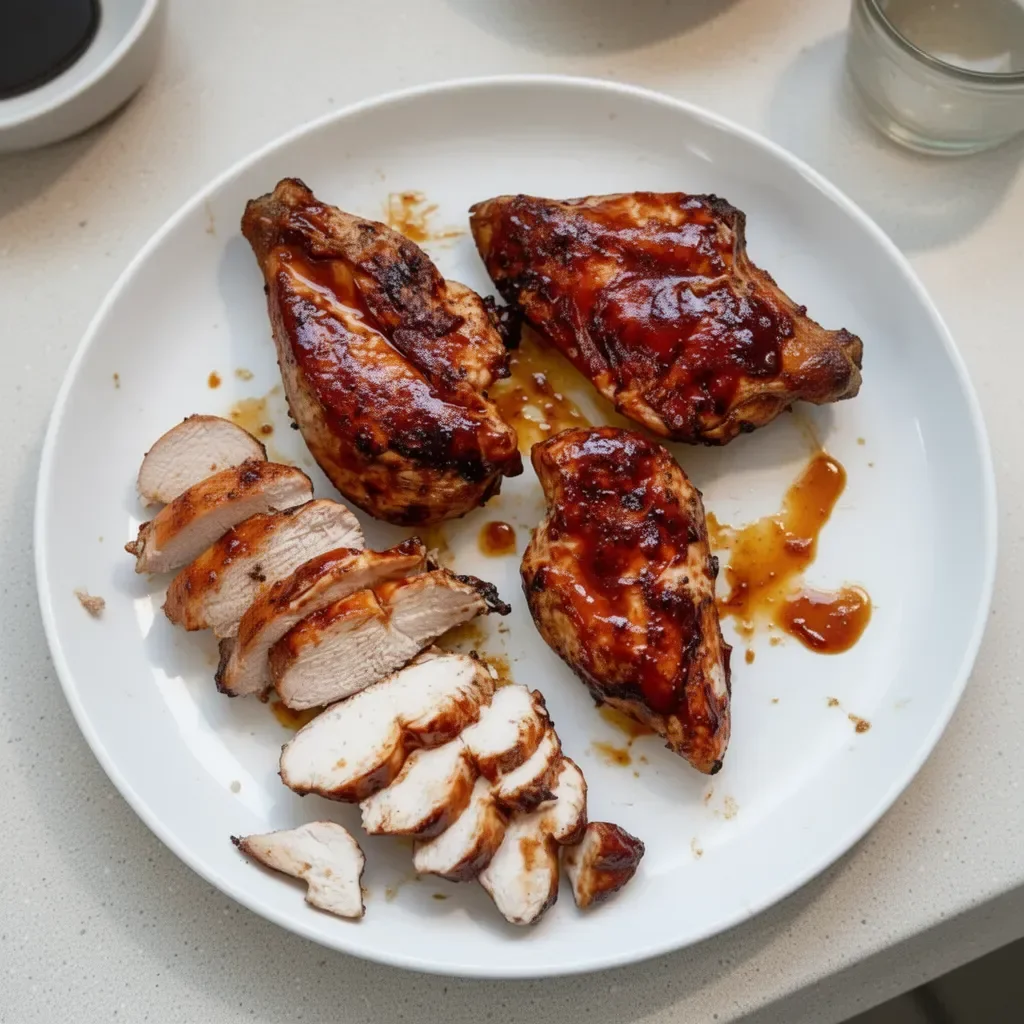 Delicious and juicy BBQ chicken on a grill, garnished with fresh herbs.