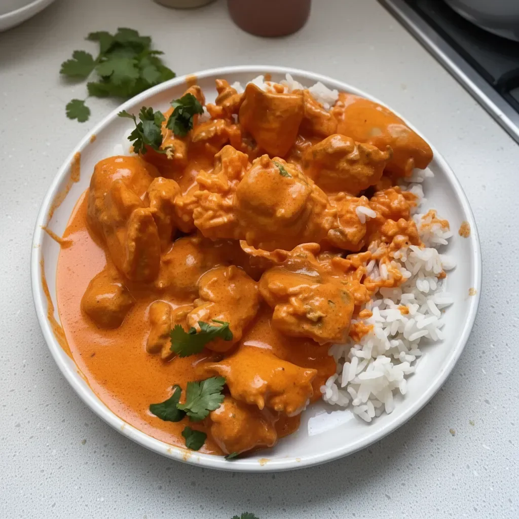 Delicious easy New Zealand style butter chicken served with rice and herbs