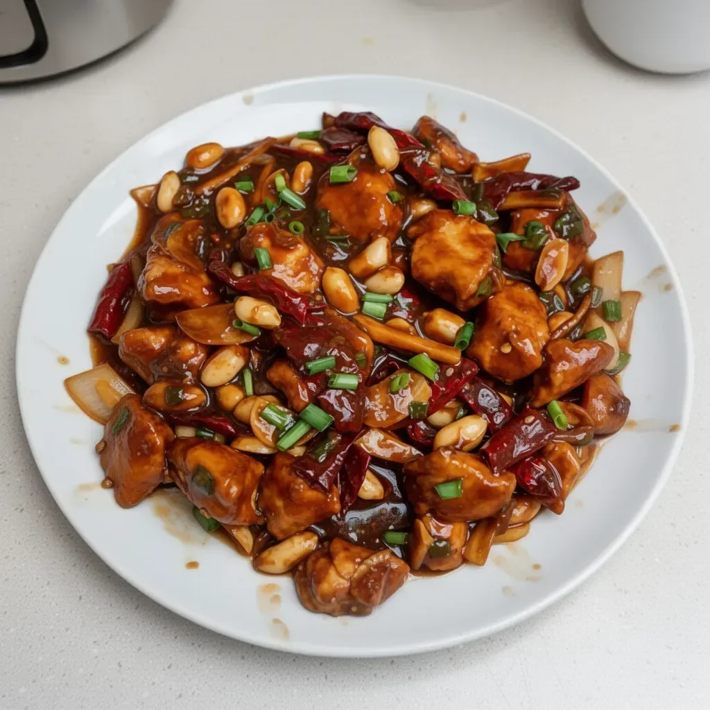 Singapore-style Kung Pao Chicken stir-fry with colorful vegetables and peanuts