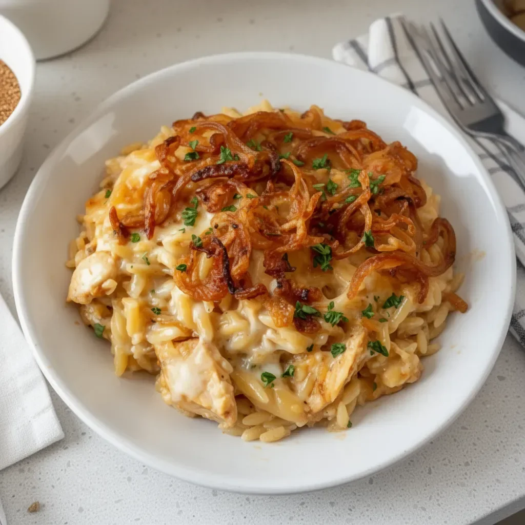 Delicious French Onion Chicken Orzo Casserole topped with melted cheese