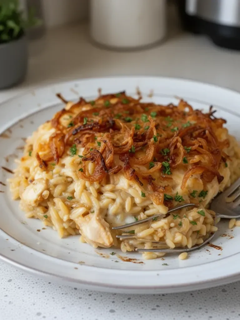 French Onion Chicken Orzo Casserole