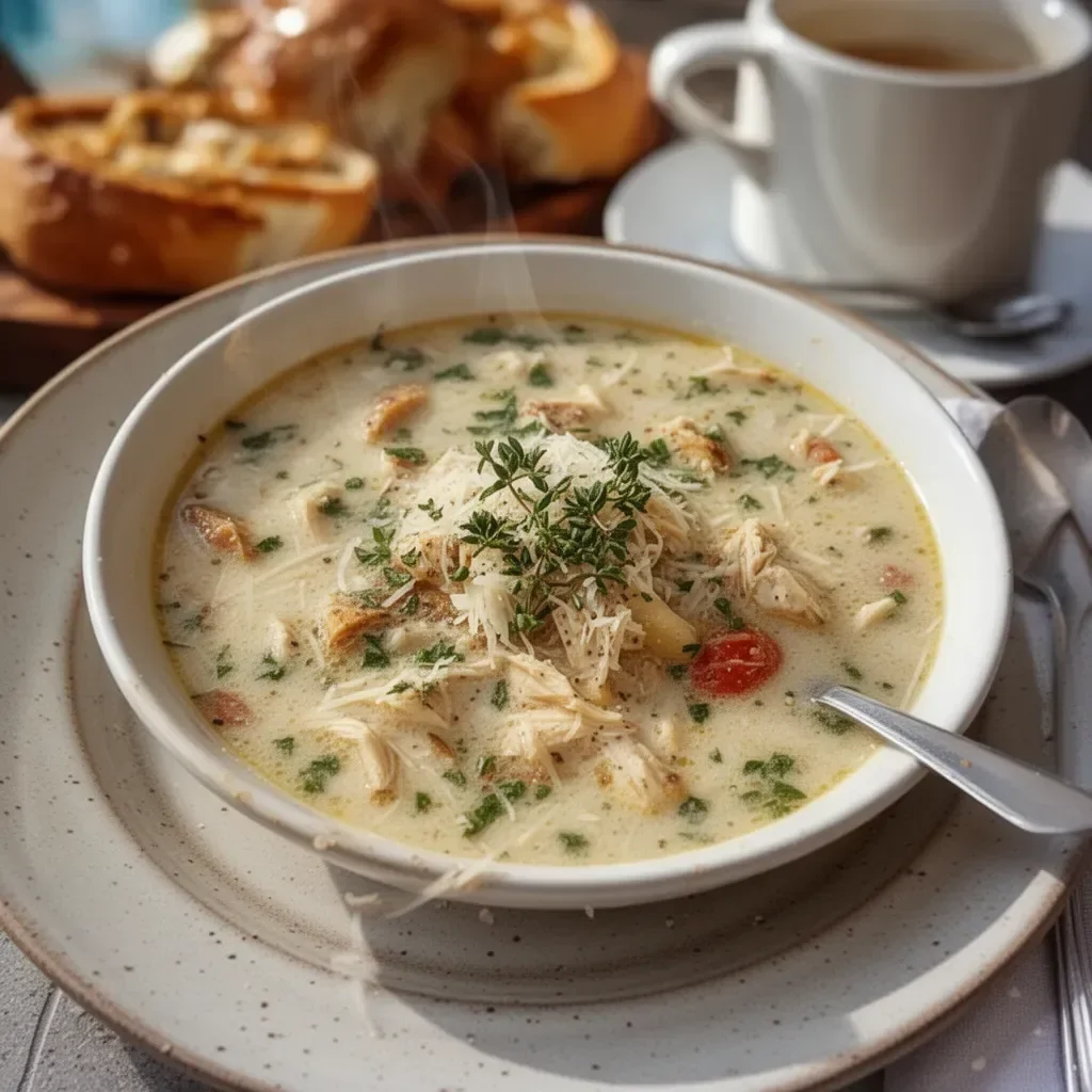 Bowl of creamy Garlic Parmesan Chicken Soup garnished with herbs