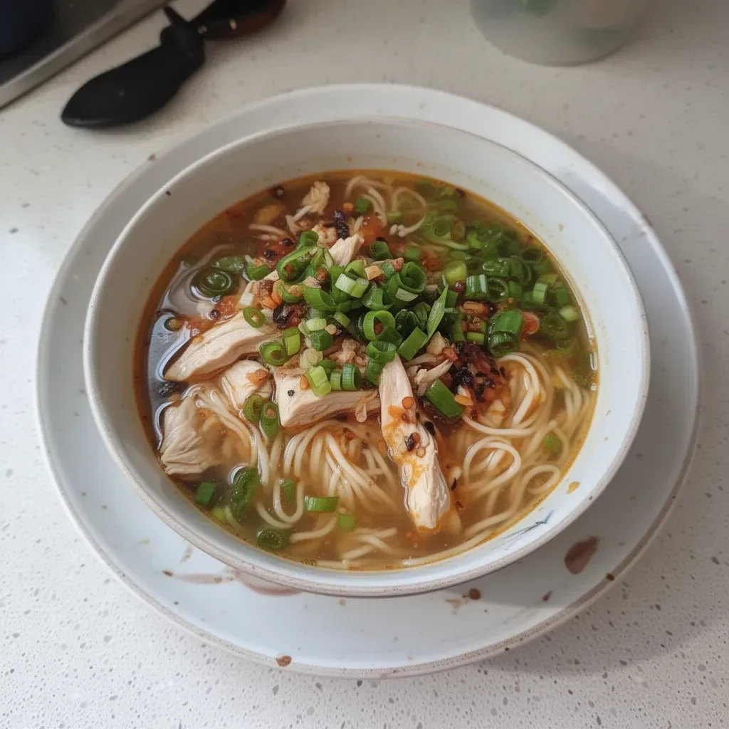 Bowl of Ginger Garlic Chicken Noodle Soup with fresh herbs and spices