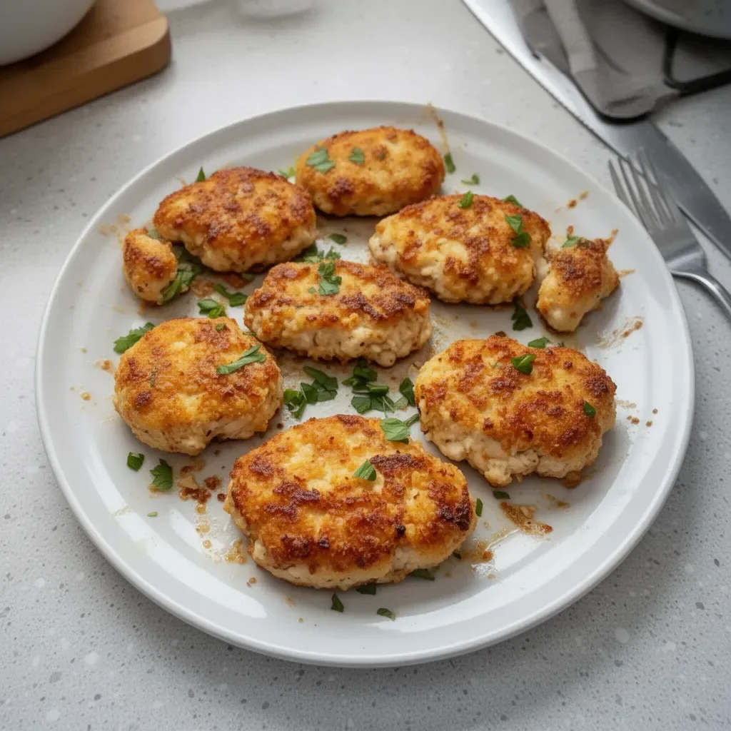 Golden Baked Chicken Rissoles served on a plate with herbs and veggies