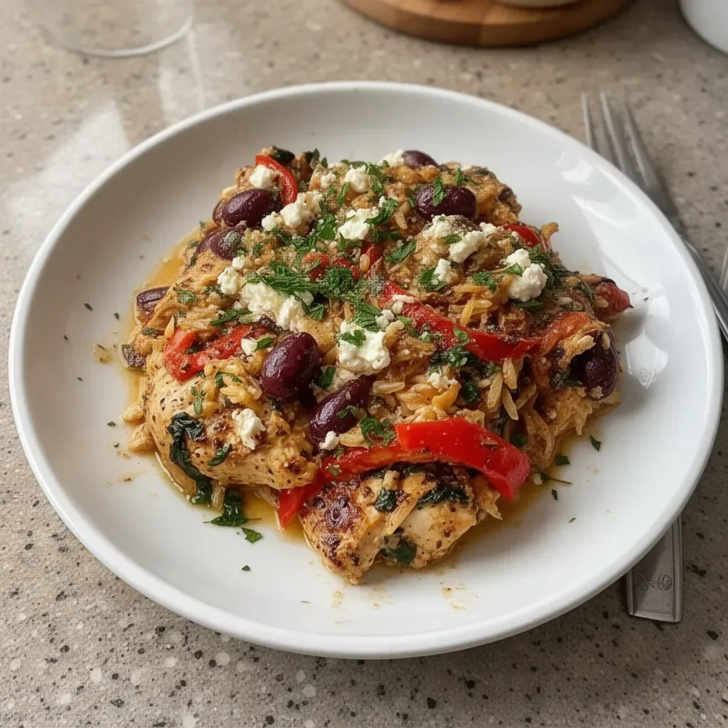 Baked Greek Chicken Casserole with olives, feta, and herbs in a serving dish.