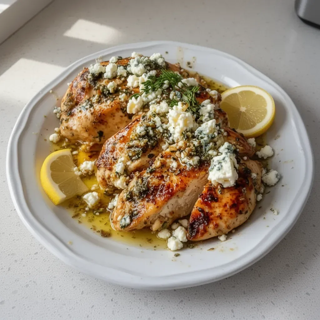 Delicious Greek chicken with lemon and feta served on a plate