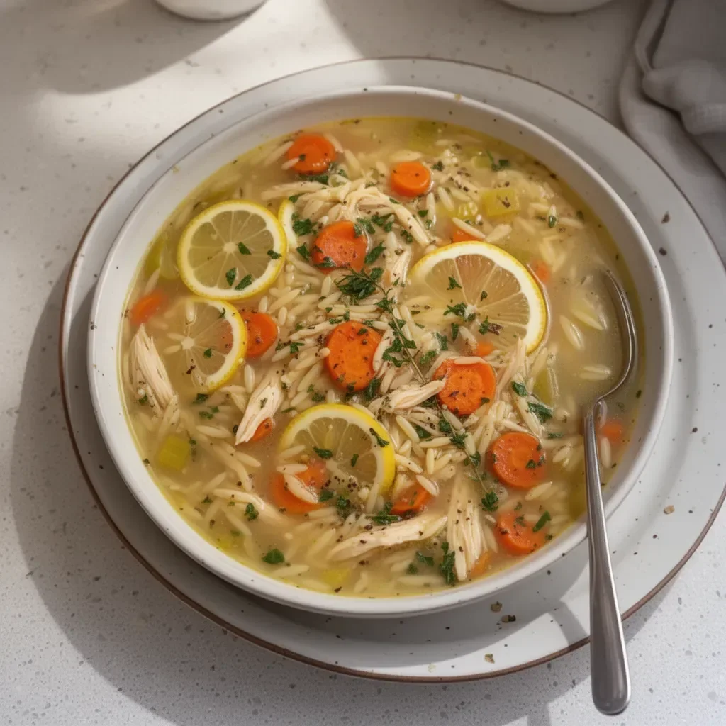 Bowl of Greek-inspired lemon chicken orzo soup with fresh herbs and lemon slices