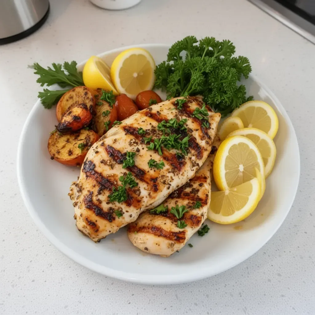 Plate of Greek Lemon Chicken garnished with herbs and lemon slices