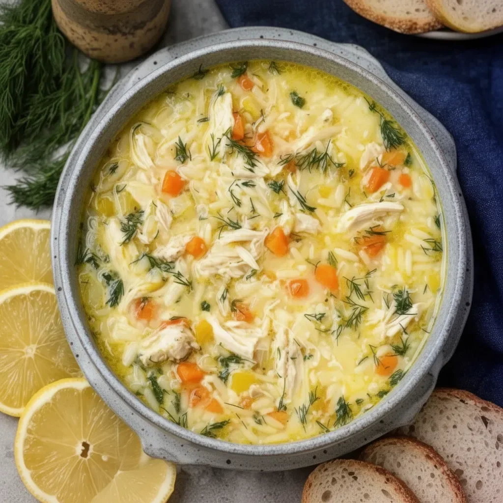 Delicious Greek Lemon Chicken Soup (Avgolemono) served in a bowl with fresh herbs.