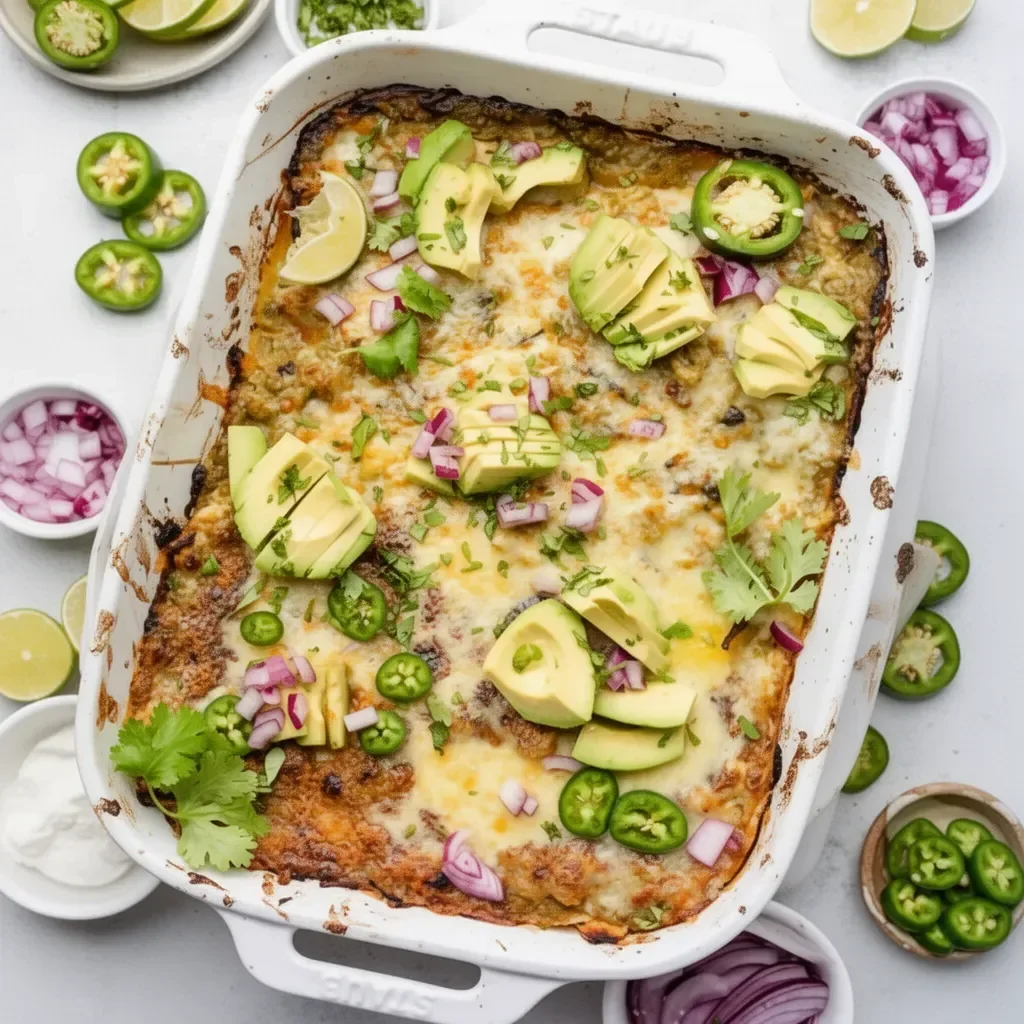 Delicious Green Chicken Enchilada Casserole topped with melted cheese