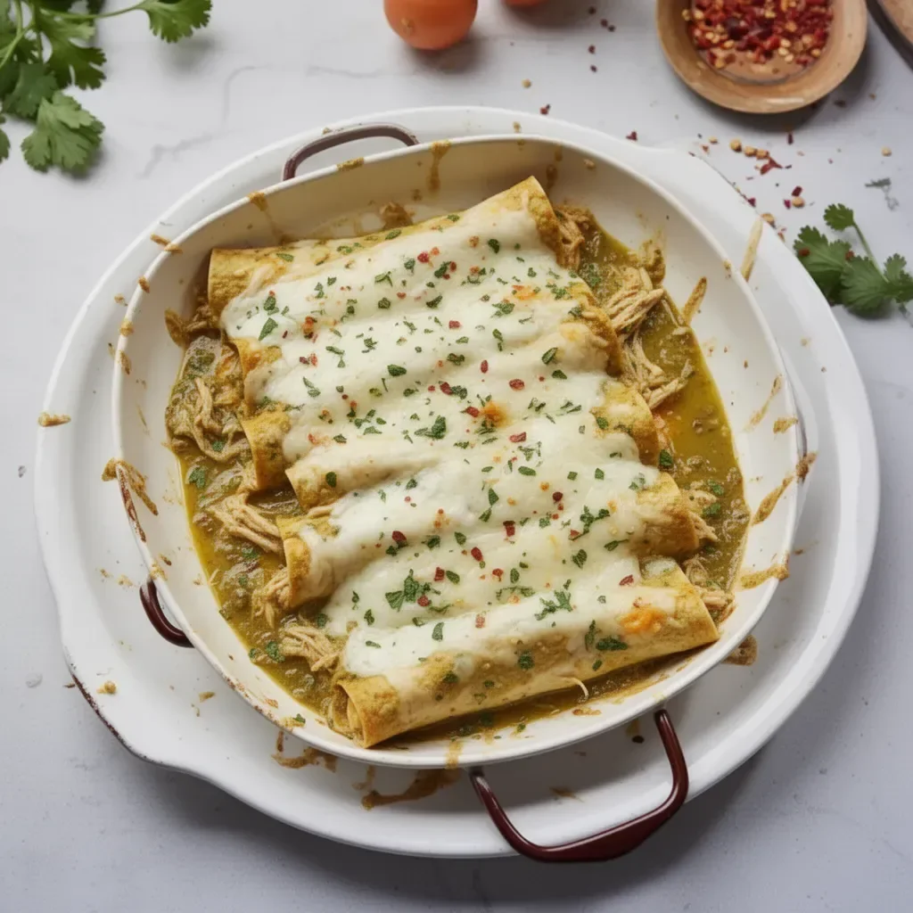 Delicious green chicken enchiladas topped with cheese and cilantro