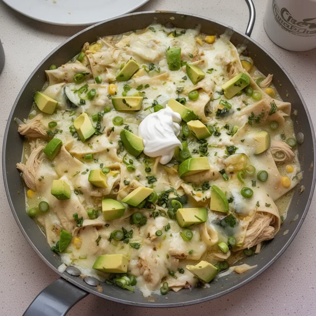 Green Sauce Chicken Enchilada Skillet with cheese and toppings served in a pan