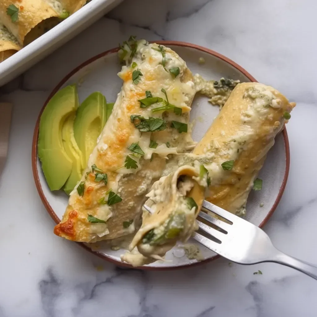 Plate of green veggie salsa verde chicken enchiladas garnished with fresh cilantro