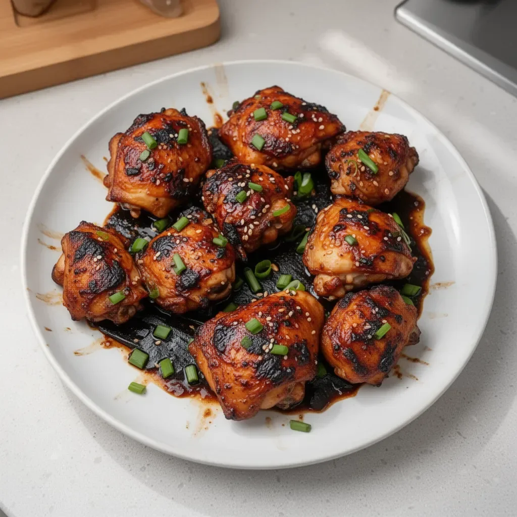 Grilled Korean chicken thighs marinated in traditional spices on a barbecue grill.
