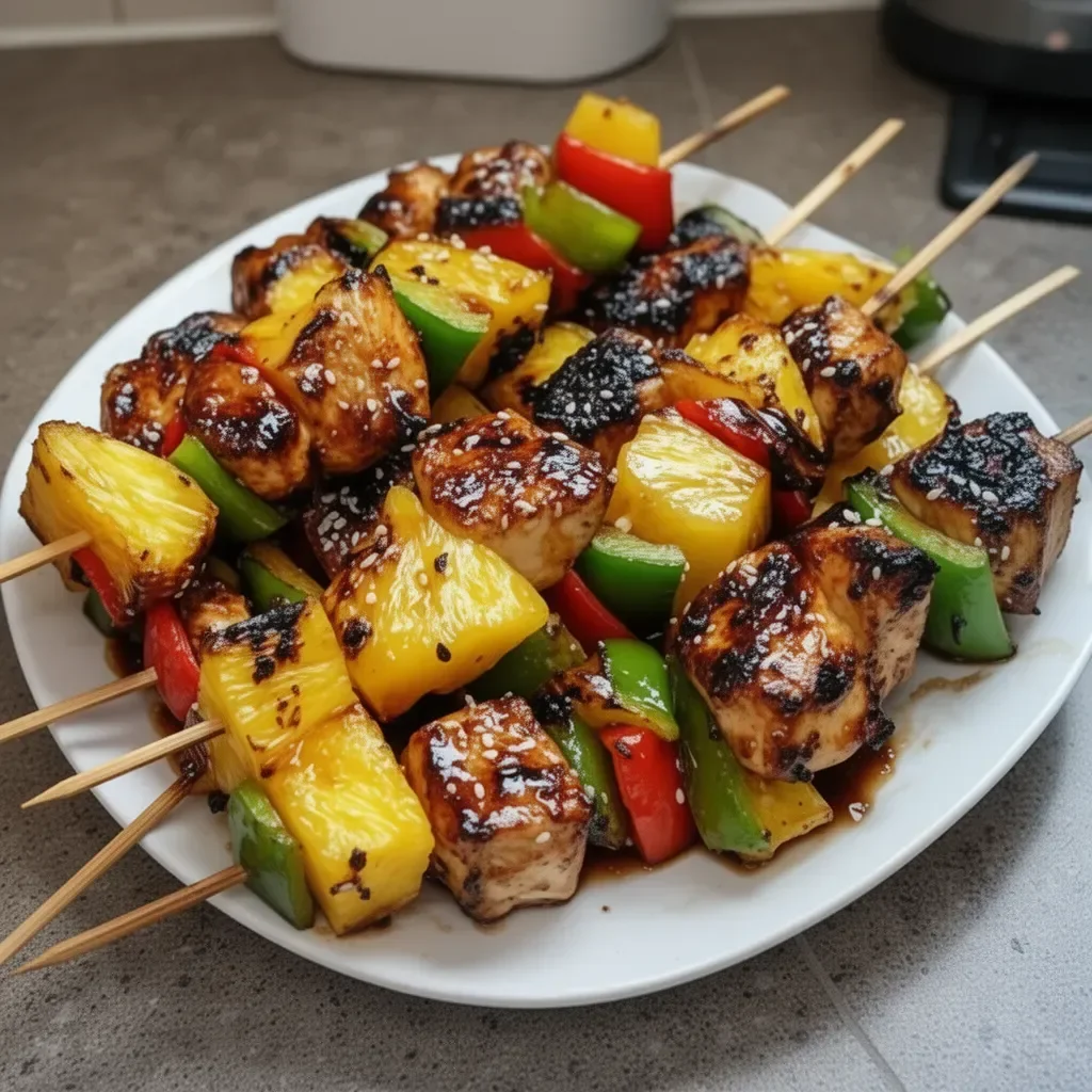 Grilled pineapple chicken kabobs with vibrant bell peppers on skewers.