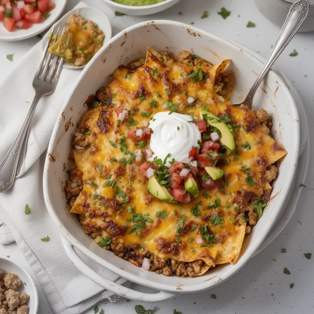 Ground chicken taco casserole topped with cheese and fresh ingredients