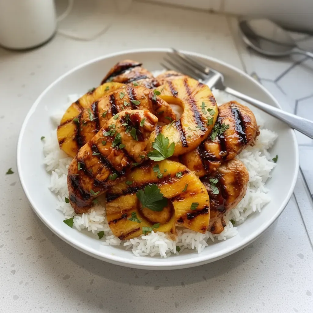 Hawaiian Chicken with pineapple and coconut rice served on a plate