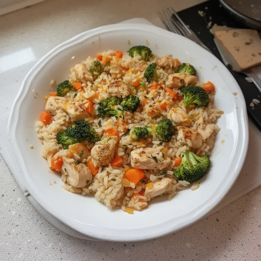Healthy chicken rice casserole served in a white bowl with vegetables