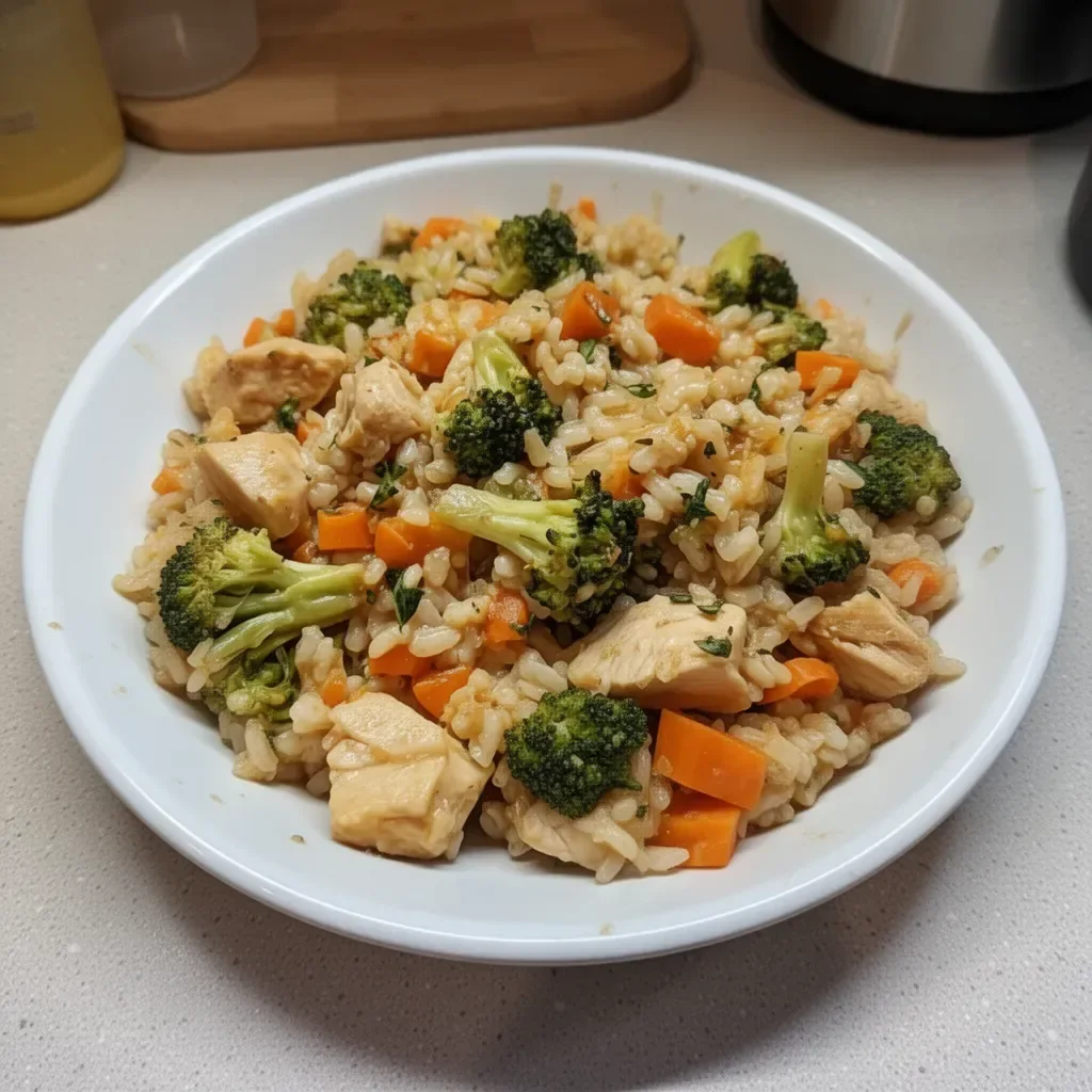 Healthy chicken rice casserole dish served in a white bowl with vegetables