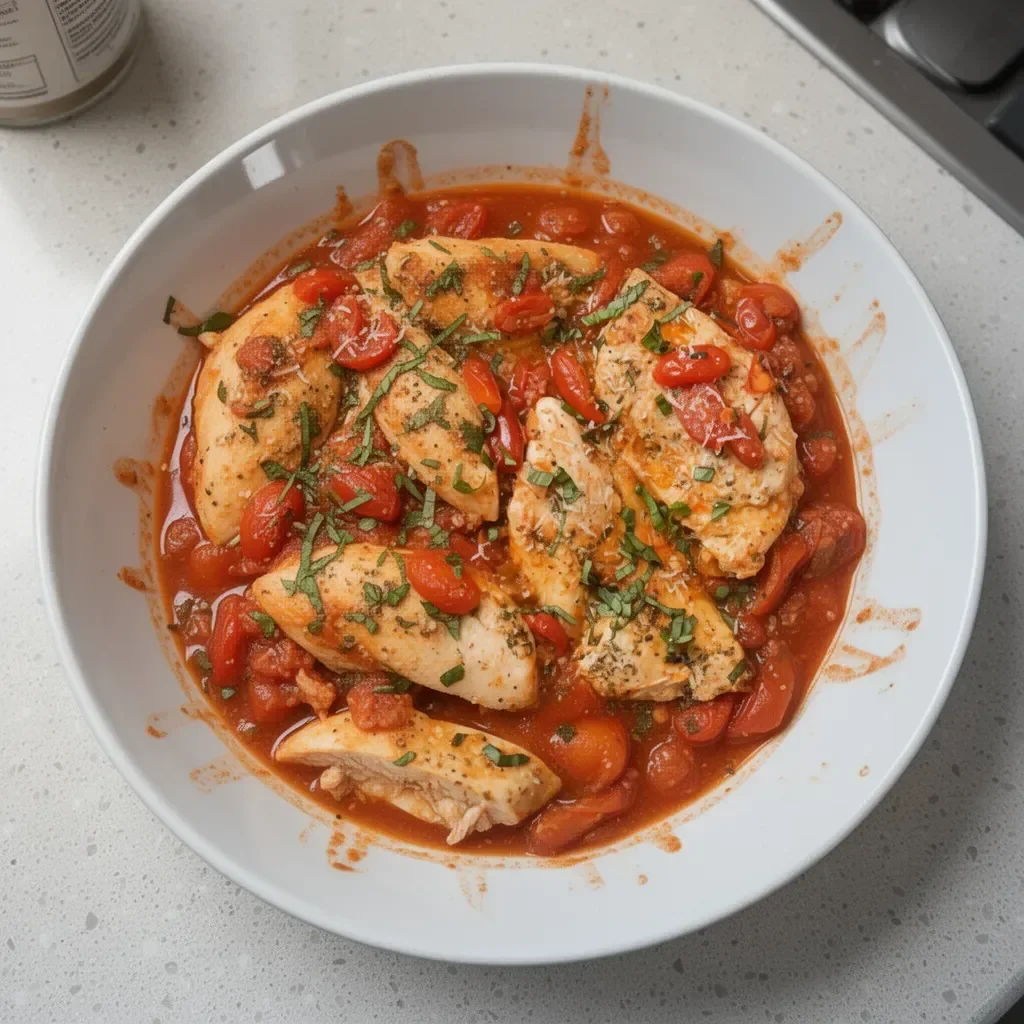 Healthy chicken pomodoro skillet with vibrant tomatoes and herbs