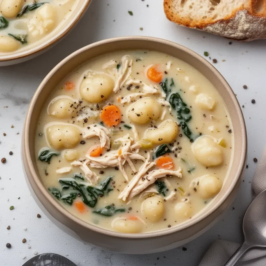 Bowl of healthy rotisserie chicken gnocchi soup garnished with herbs
