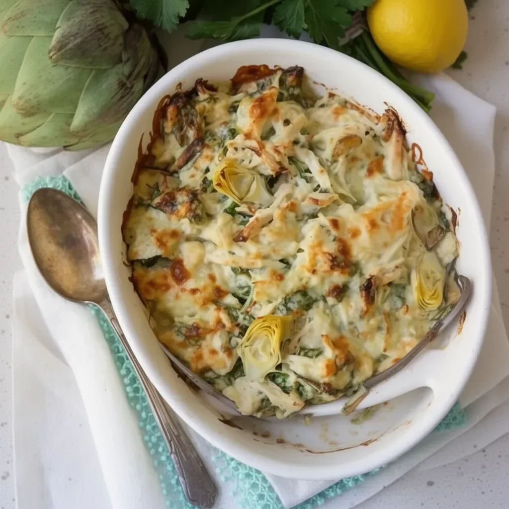 Healthy spinach artichoke chicken casserole topped with cheese and spinach