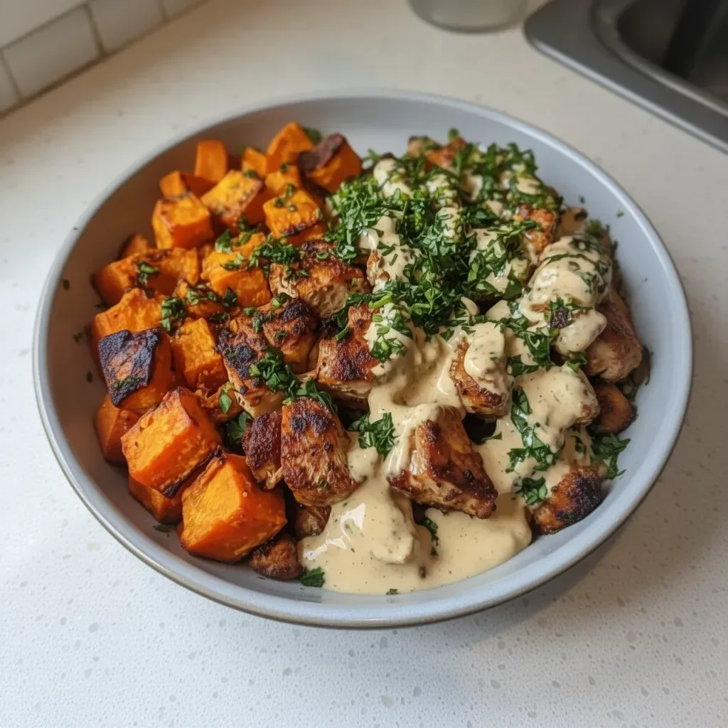 A delicious chicken and sweet potato bowl served in a cozy setting