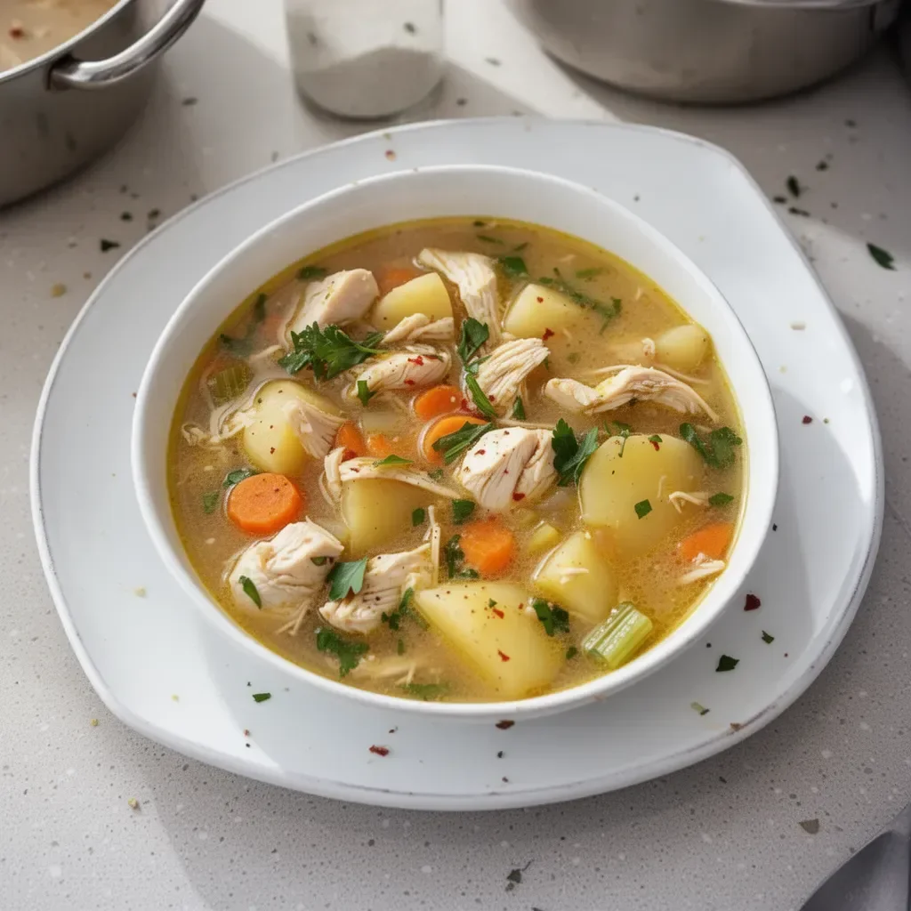 Hearty chicken soup with potatoes in a bowl, garnished with herbs.