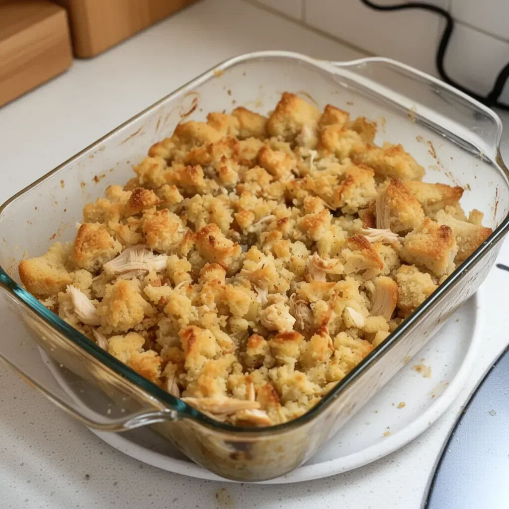 Hearty Rotisserie Chicken Stuffing Casserole topped with herbs and spices