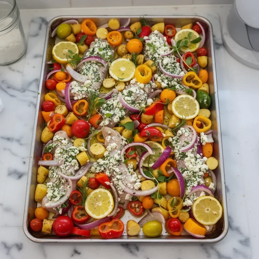 Herby feta lemon chicken with veggies on a sheet pan for a healthy dinner