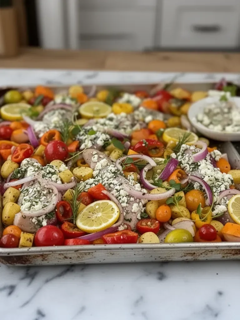 Herby Feta Lemon Chicken and Veggie Sheet Pan Dinner