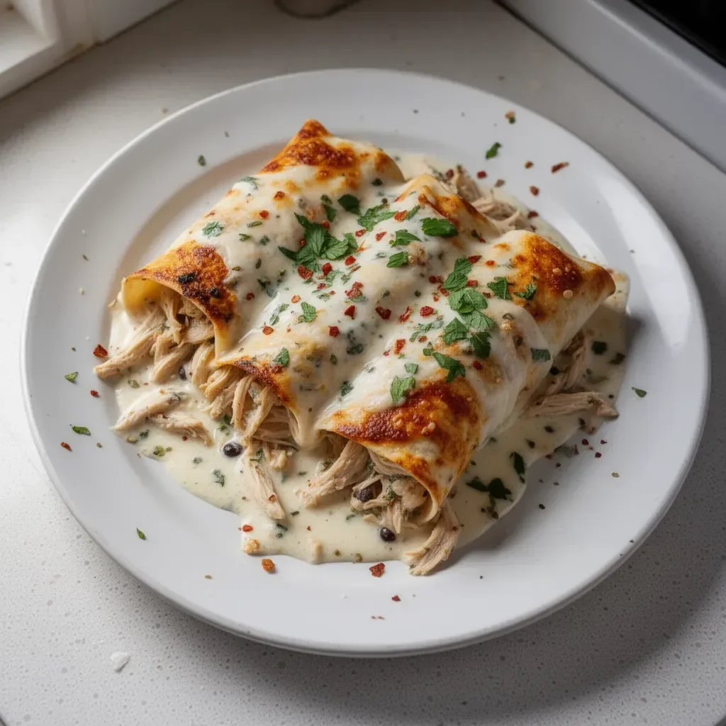 High protein chicken enchiladas topped with cheese and fresh ingredients