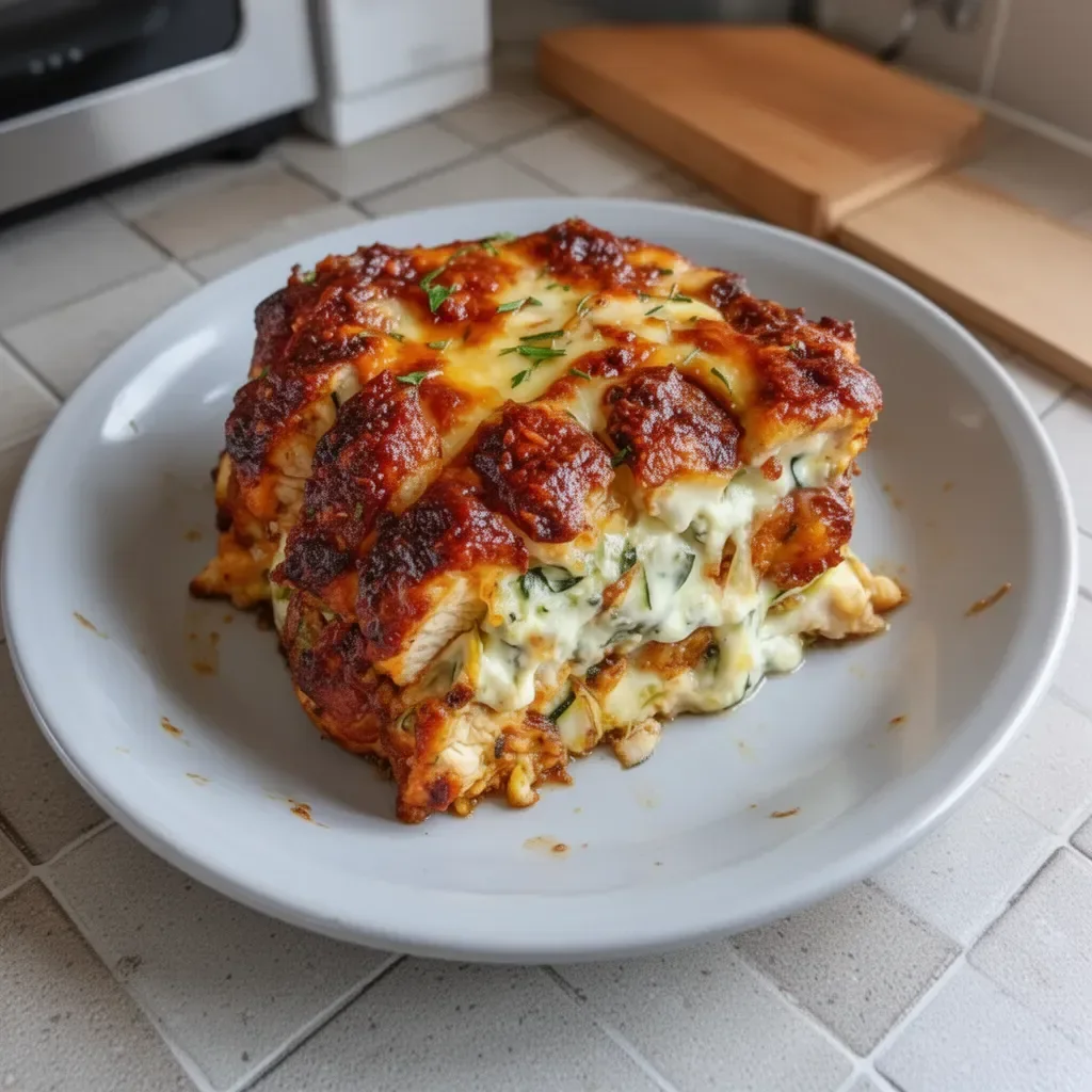 High-protein chicken zucchini bake dish with vegetables