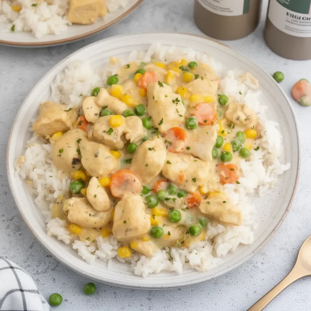 High protein crustless chicken pot pie served in a bowl with vegetables.