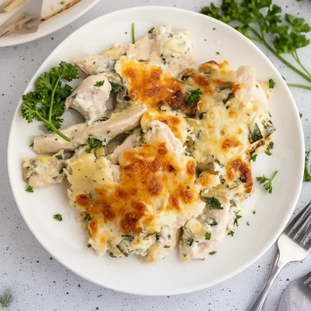 High protein spinach artichoke chicken dish served with fresh ingredients