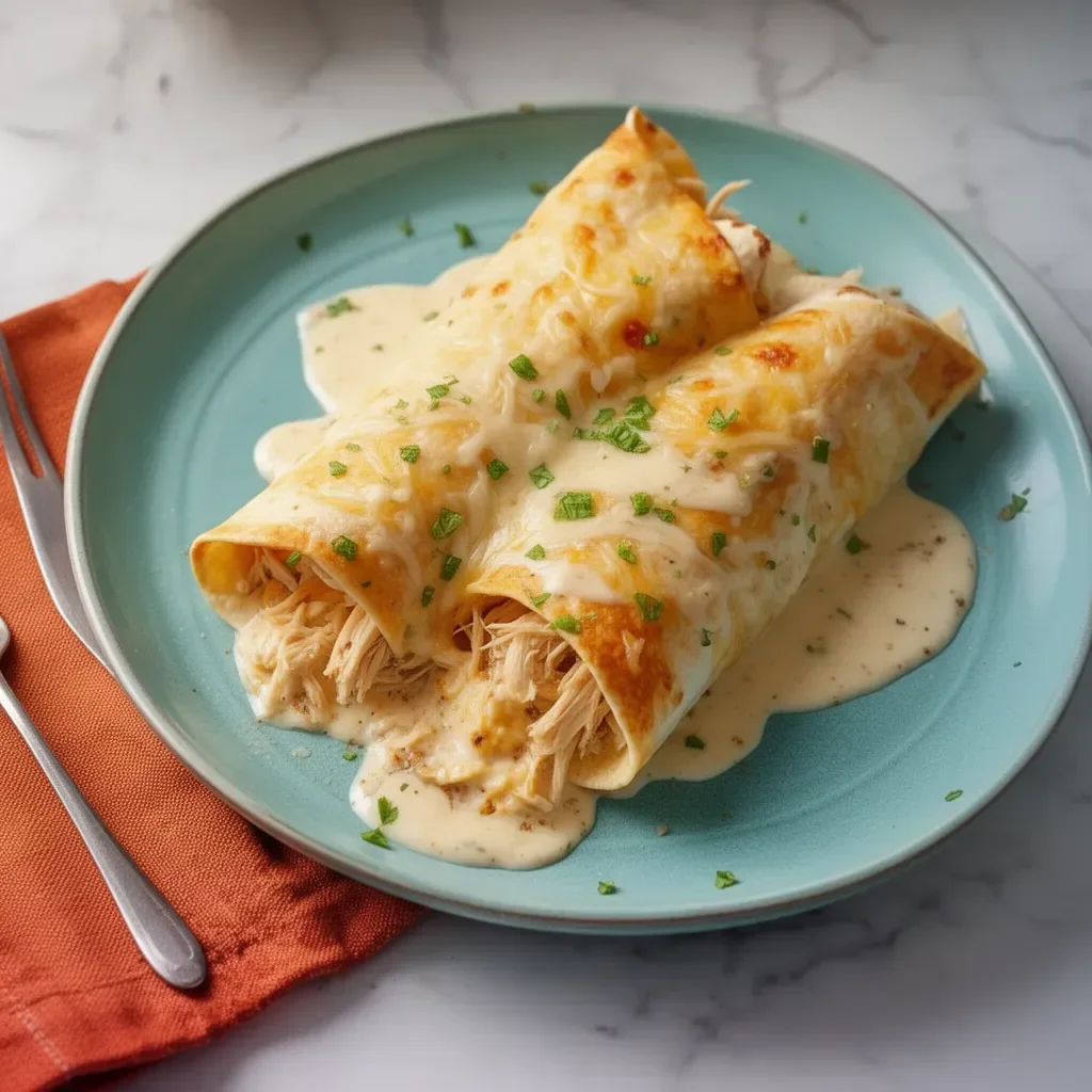 Delicious homemade white rotisserie chicken enchiladas topped with cheese and sauce