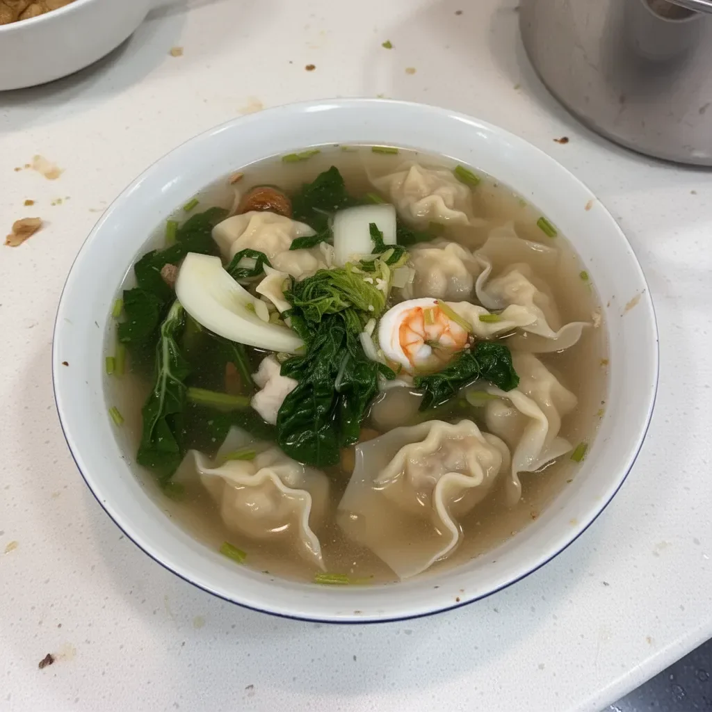 Bowl of homemade wonton soup with dumplings and green onions
