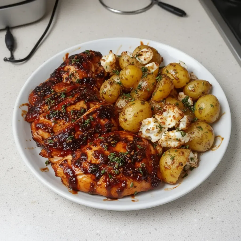 Honey BBQ Chicken Potatoes served on a plate with garnishes.