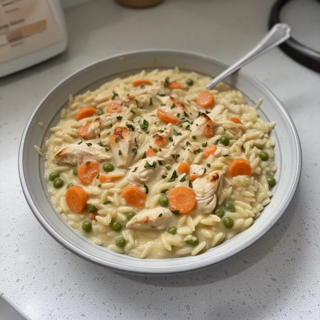 Creamy chicken pot pie orzo served in a cozy dinner setting