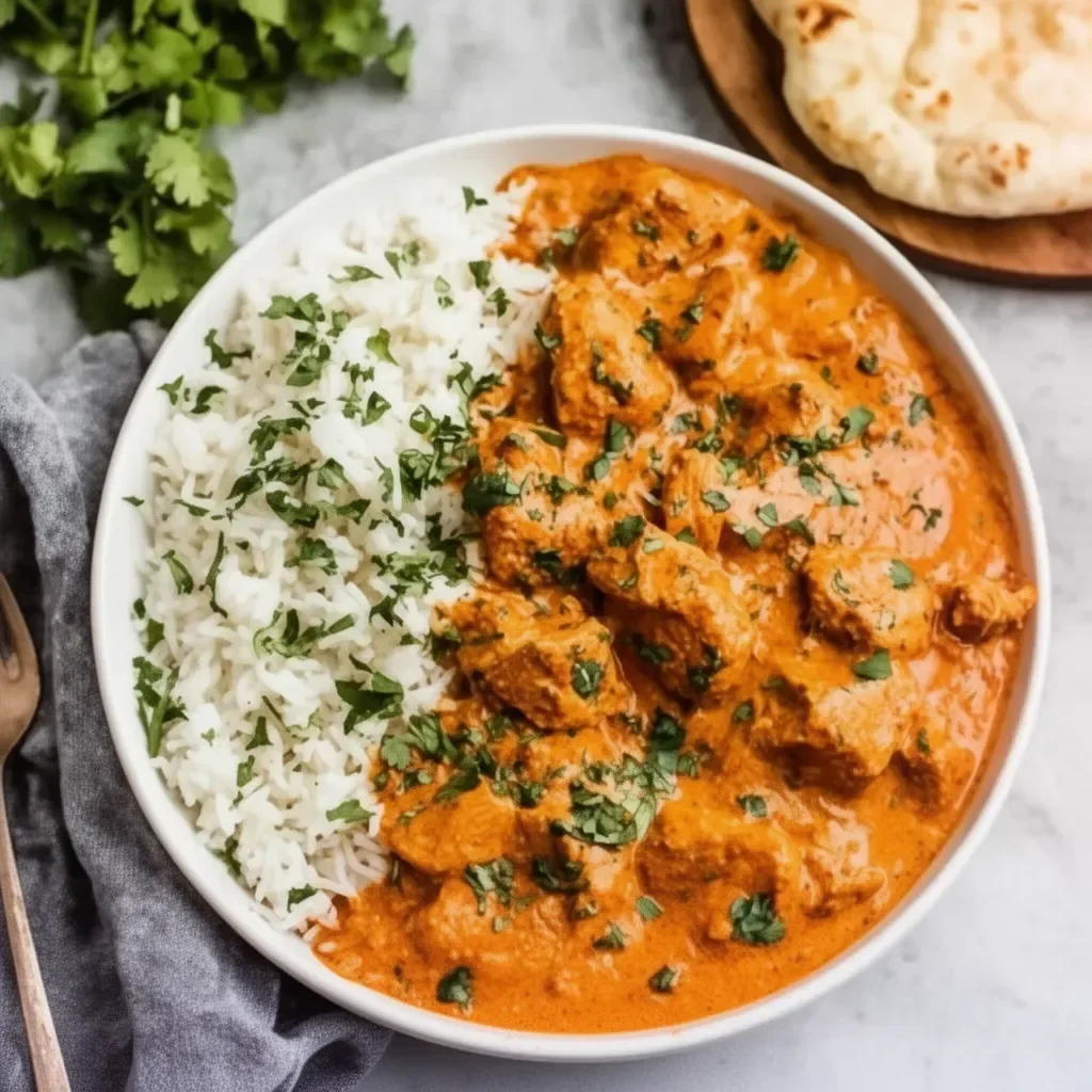 Delicious Instant Pot Butter Chicken served with rice and garnished with cilantro.