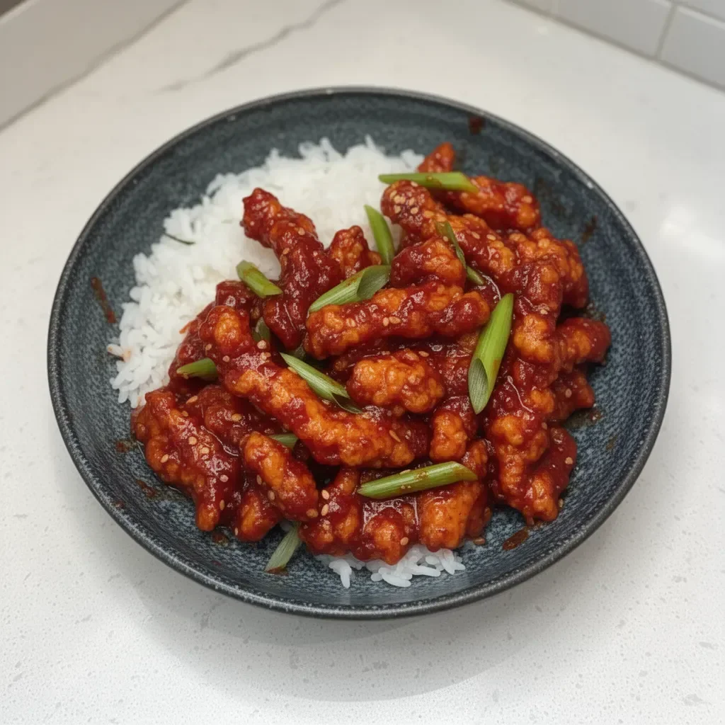 Plate of spicy dragon chicken garnished with herbs and spices