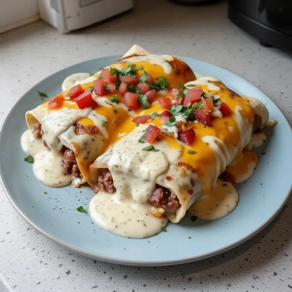 Plate of jalapeño popper cheesy chicken enchiladas garnished with jalapeños.