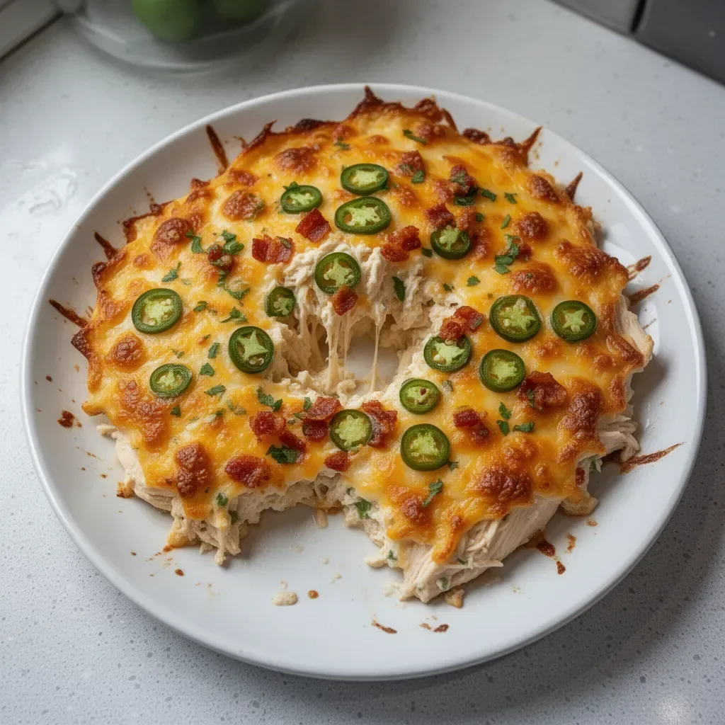 Jalapeño Popper Chicken Casserole topped with cheese and jalapeños