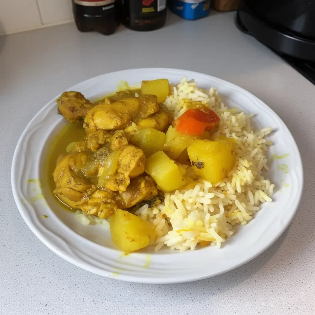 Delicious Jamaican Curry Chicken served with rice and vegetables