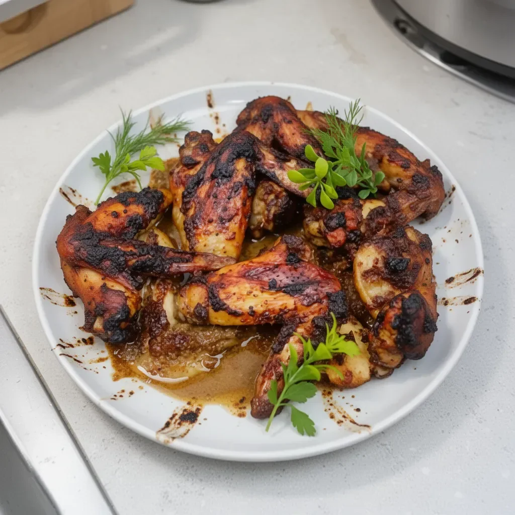 Delicious Jamaican jerk chicken wings garnished with herbs and spices