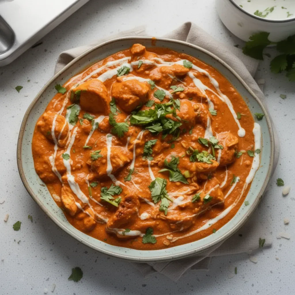 Jamie Oliver's Chicken Tikka Masala with spices and herbs on a plate