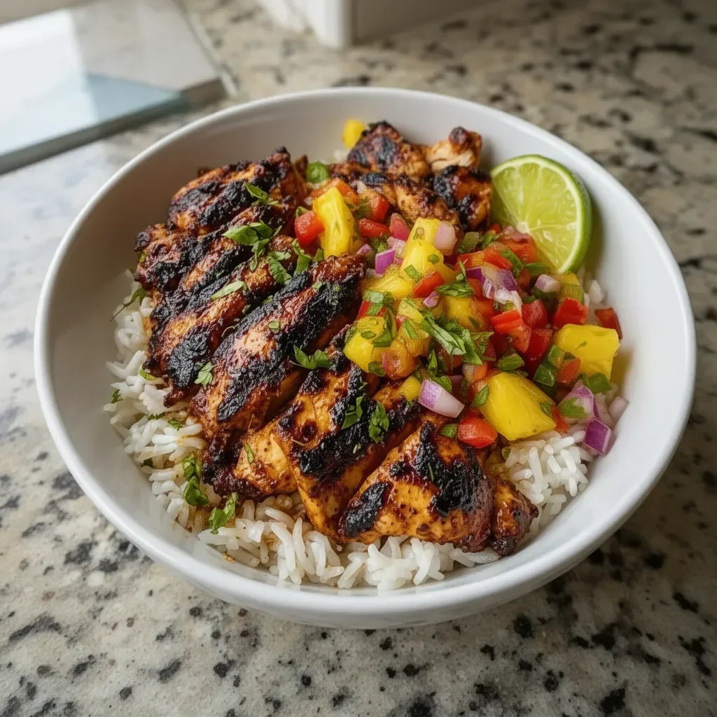 Delicious jerk chicken bowl topped with fresh pineapple salsa.