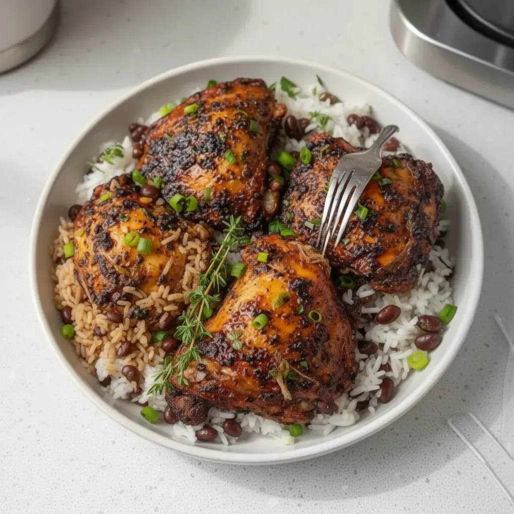 Delicious jerk chicken served with Jamaican rice and peas.