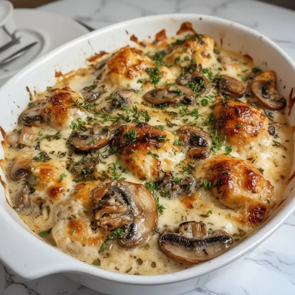Delicious Keto Garlic Mushroom Chicken Casserole served in a baking dish.
